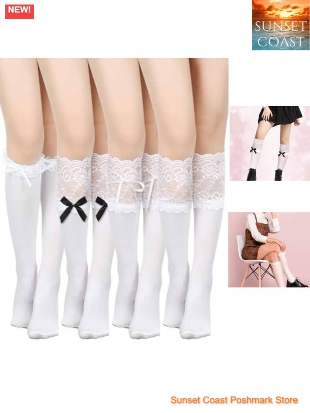 4 Pairs Lace Knee High Socks with Bow Retro Boot Stockings